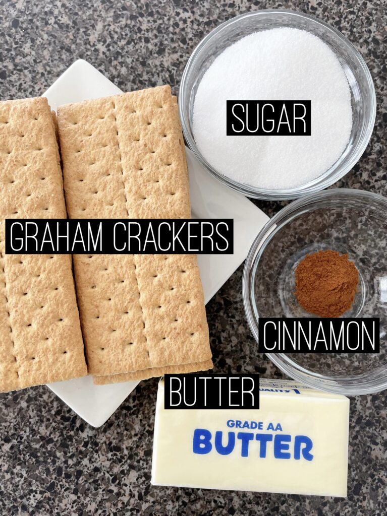 Ingredients to make cinnamon graham cracker crust for a cheesecake.