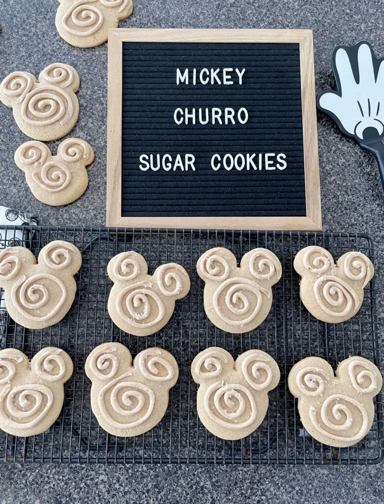 Mickey Churro Sugar Cookies on a cooling rack.