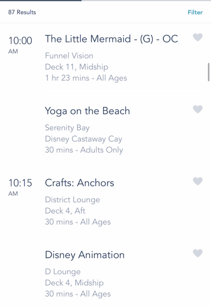 A screenshot of Disney Cruise activities on the Disney Dream.