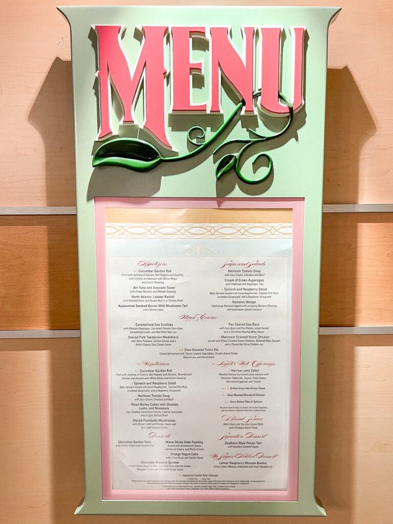 Enchanted Garden menu from the Disney Dream cruise ship.
