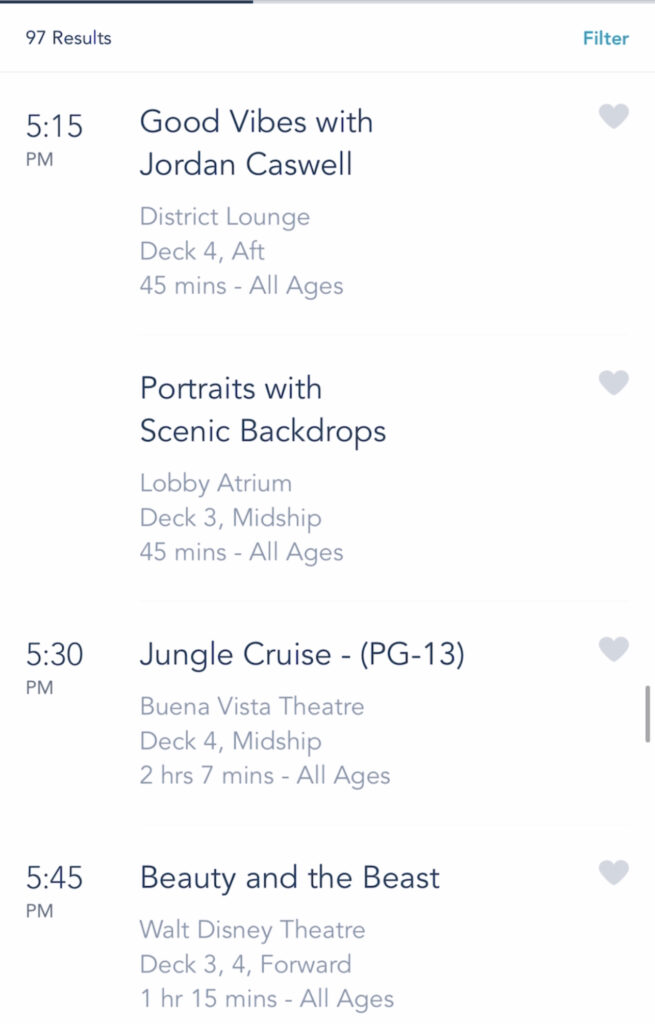 A screenshot of Disney Cruise activities on the Disney Dream.