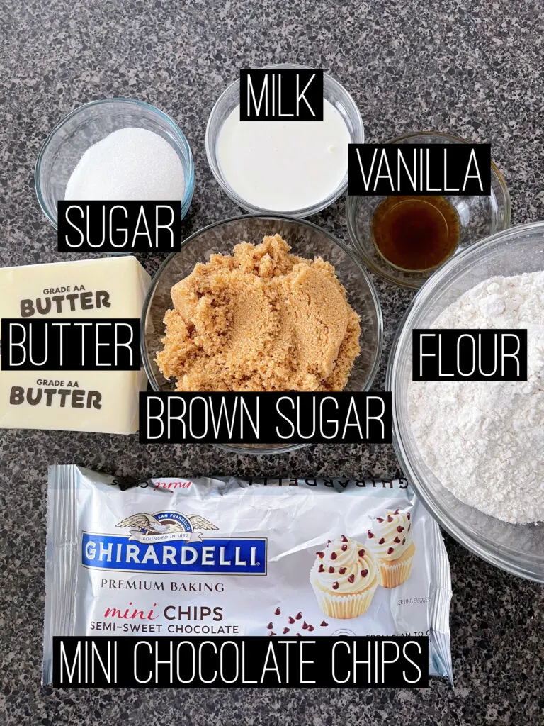 Edible cookie dough ingredients: chocolate chips, flour, brown sugar, butter, sugar, milk, vanilla.