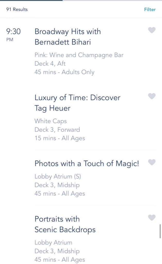 A screenshot of Disney Cruise activities on the Disney Dream.