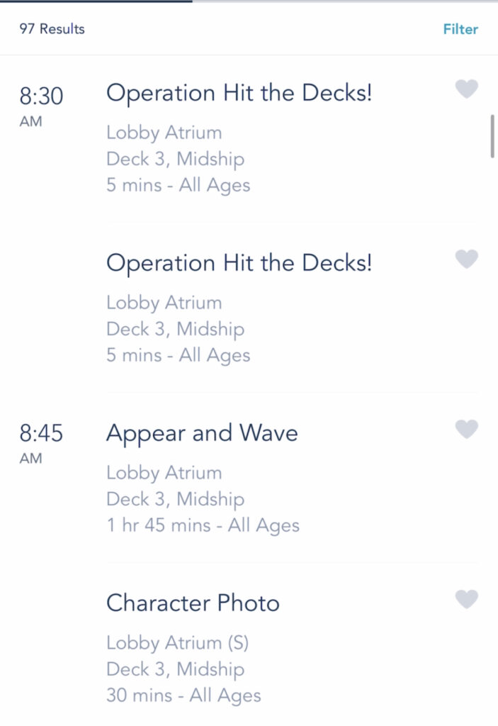 A screenshot of Disney Cruise activities on the Disney Dream.