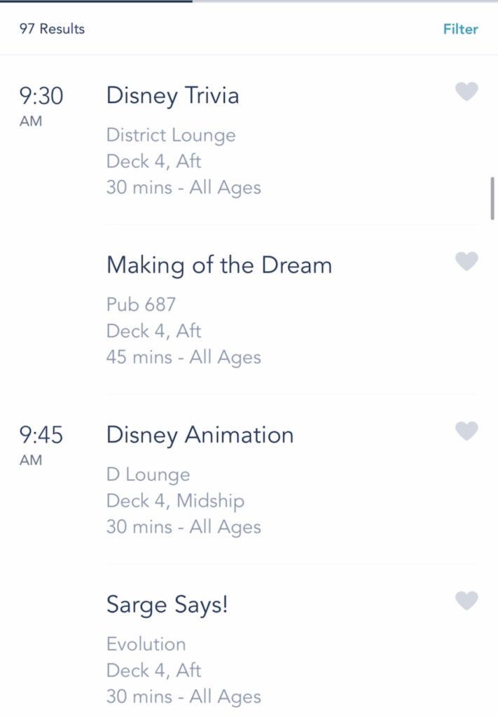 A screenshot of Disney Cruise activities on the Disney Dream.