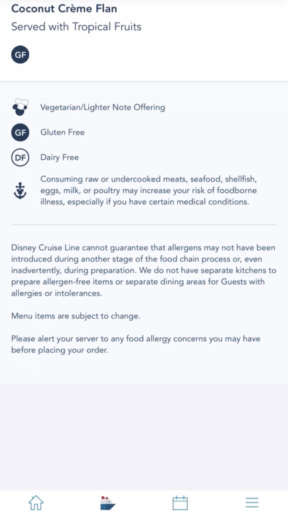 Screenshot of Disney Cruise Pirate Night Dinner Menu.