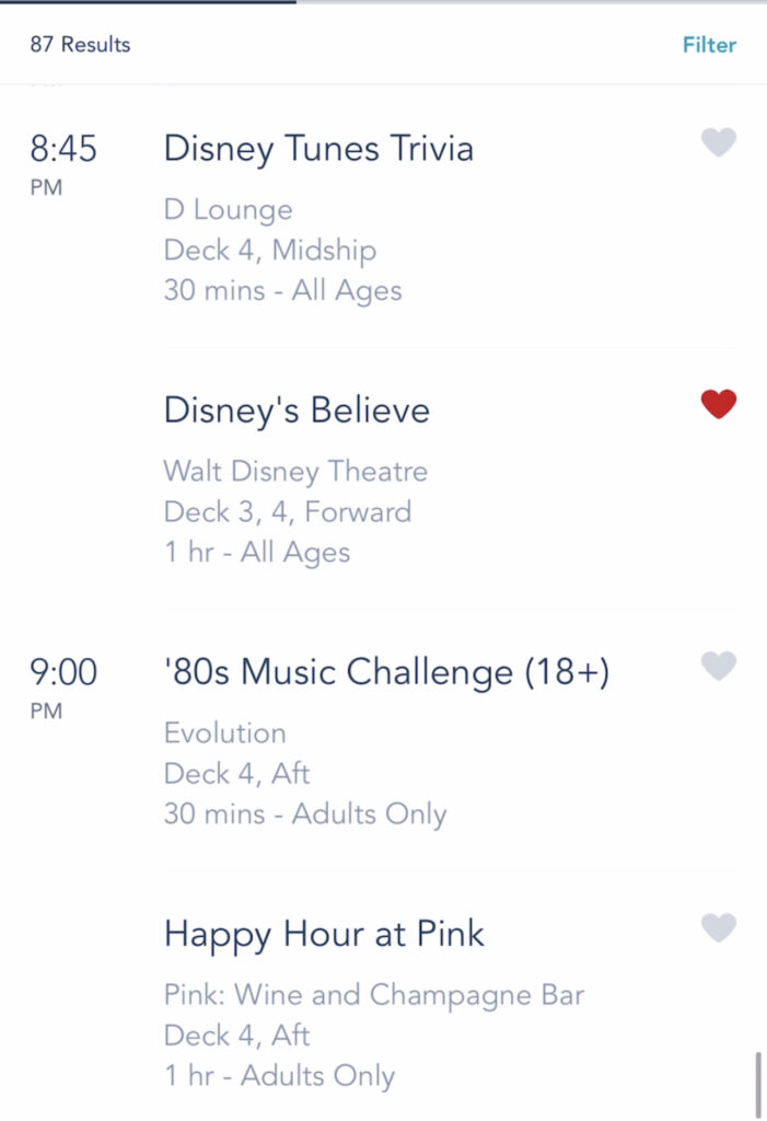 A screenshot of Disney Cruise activities on the Disney Dream.