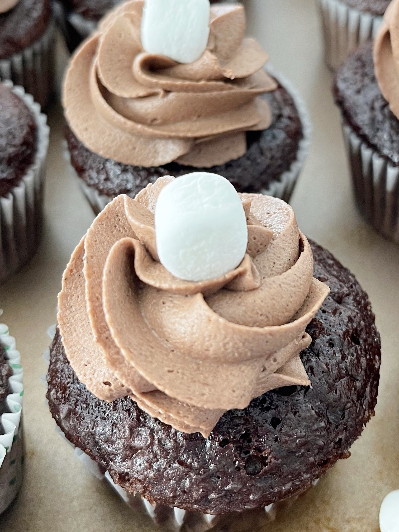 A chocolate cupcake with hot chocolate frosting and a mini marshmallow on top.