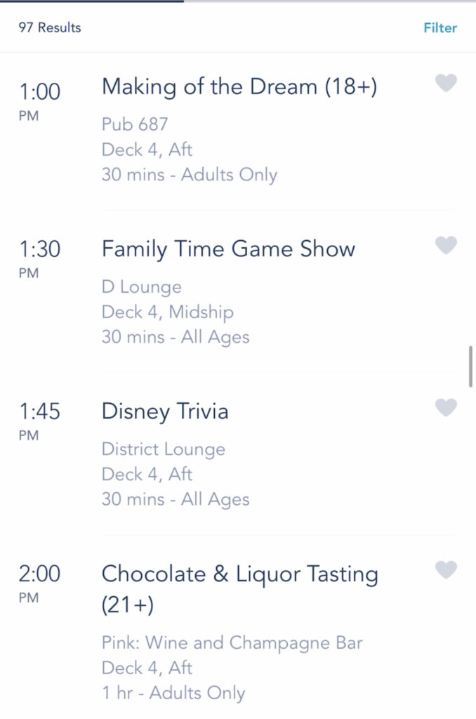 A screenshot of Disney Cruise activities on the Disney Dream.