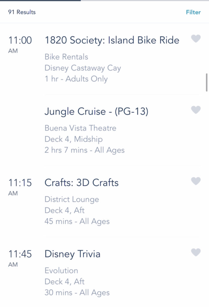 A screenshot of Disney Cruise activities on the Disney Dream.