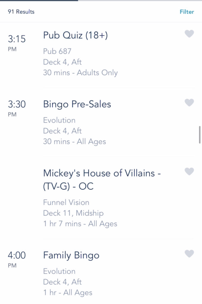 A screenshot of Disney Cruise activities on the Disney Dream.