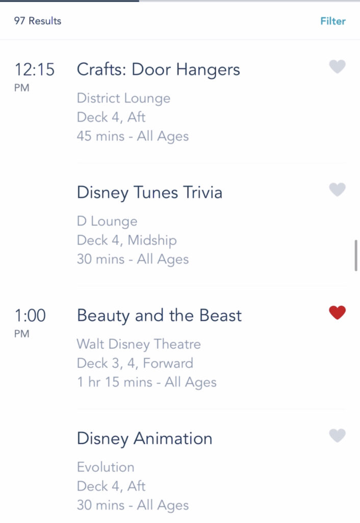 A screenshot of Disney Cruise activities on the Disney Dream.