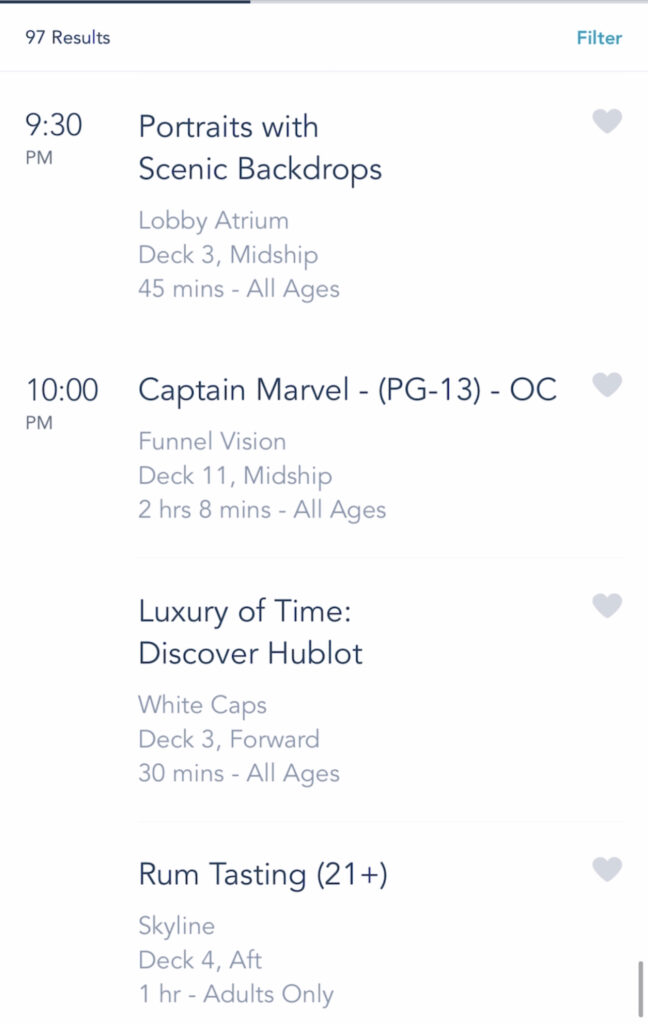 A screenshot of Disney Cruise activities on the Disney Dream.