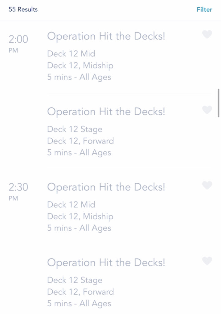 A screenshot of Disney Cruise activities on the Disney Dream.