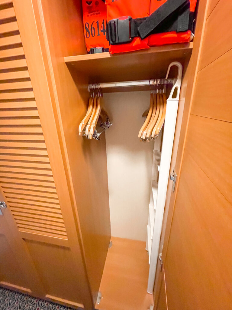Inside a closet in Stateroom 8614 on the Disney Dream cruise ship.