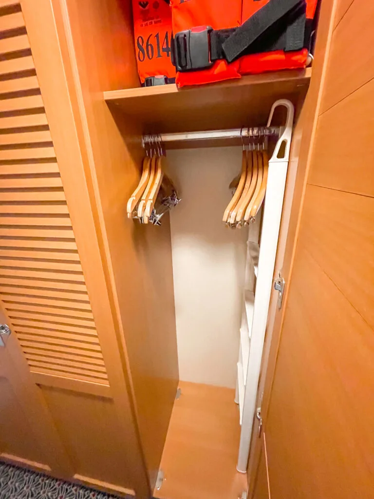 Inside a closet in Stateroom 8614 on the Disney Dream cruise ship.