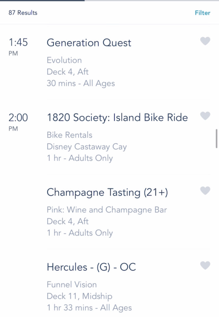 A screenshot of Disney Cruise activities on the Disney Dream.