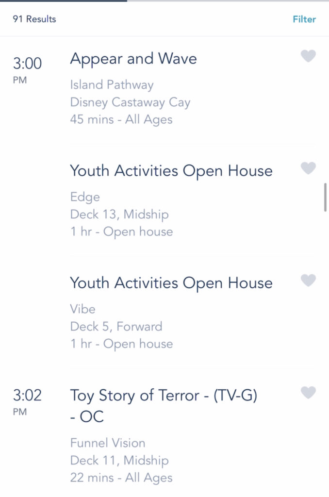 A screenshot of Disney Cruise activities on the Disney Dream.