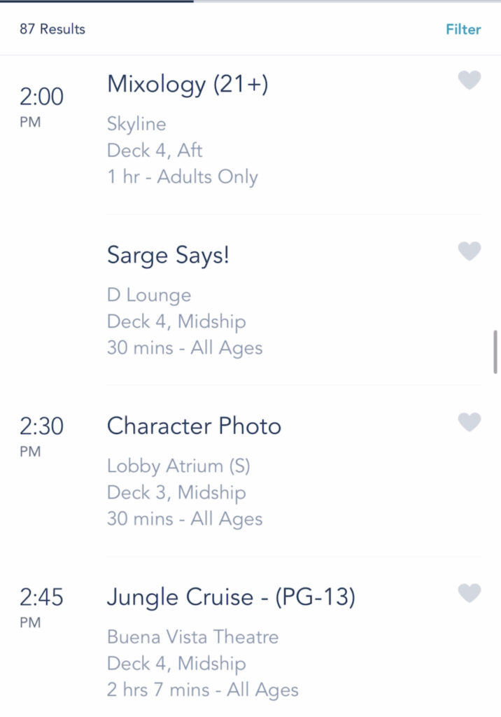 A screenshot of Disney Cruise activities on the Disney Dream.