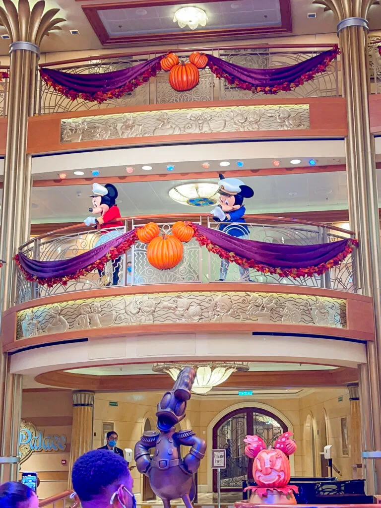Mickey and Minnie in the atrium of the Disney Dream Criuise ship.