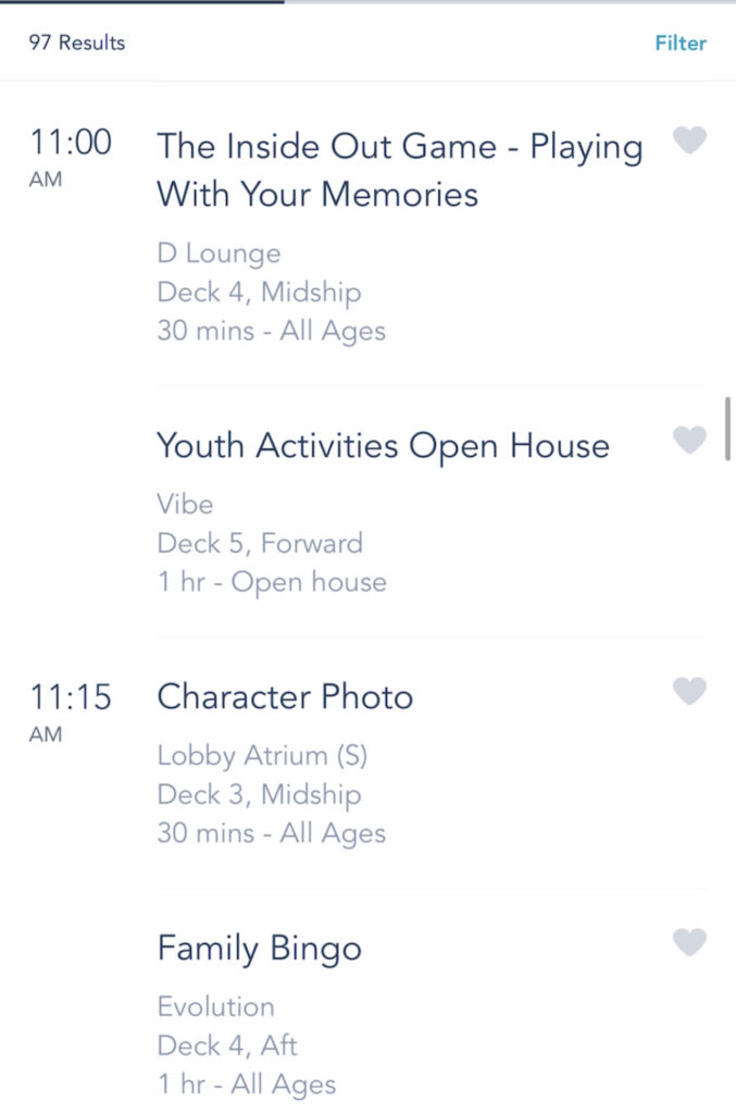 A screenshot of Disney Cruise activities on the Disney Dream.