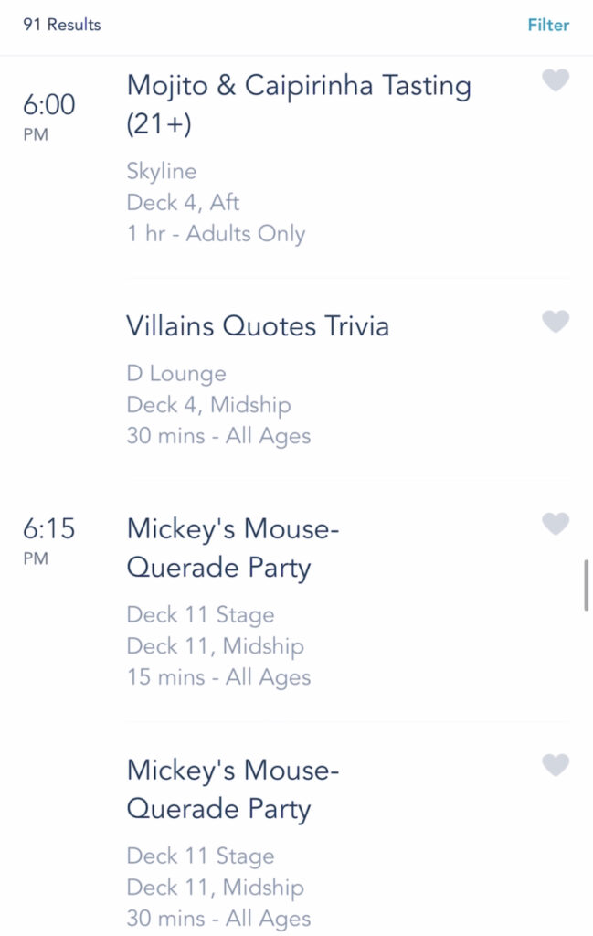 A screenshot of Disney Cruise activities on the Disney Dream.