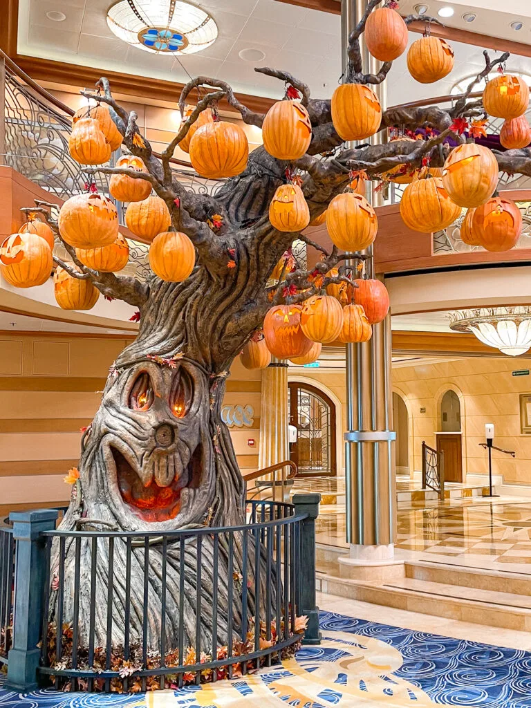 Halloween tree in the atrium of the Disney Dream for a Halloween on the High Seas cruise.