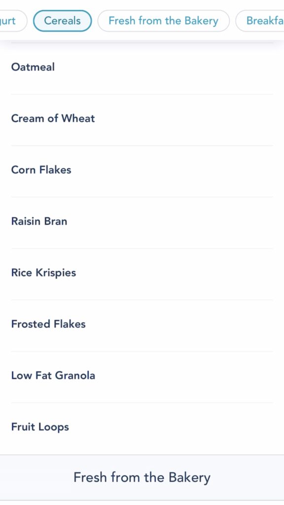 Picture of Disney Cruise Breakfast Menu from the Disney Cruise Line Navigator App.