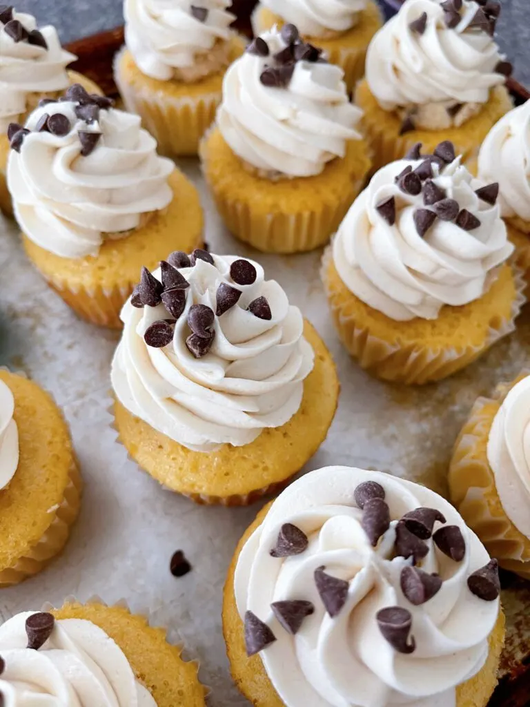 A pan of chocolate chip cookie dough cupcakes.