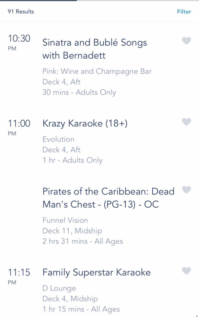 A screenshot of Disney Cruise activities on the Disney Dream.