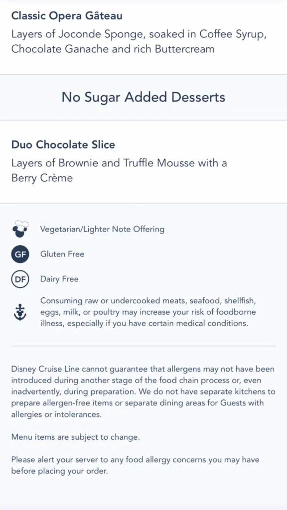 Screenshot of Royal Palace Menu from the Disney Dream.