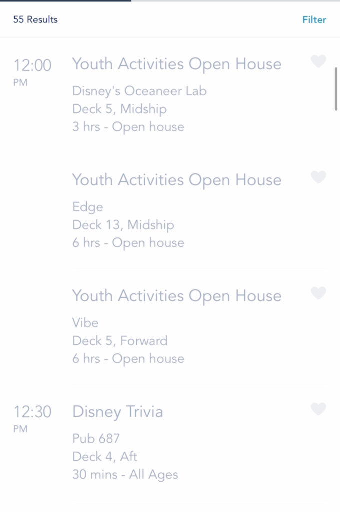 A screenshot of Disney Cruise activities on the Disney Dream.