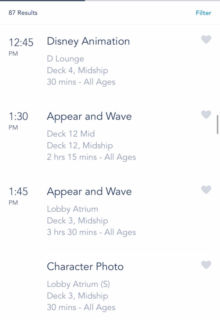 A screenshot of Disney Cruise activities on the Disney Dream.