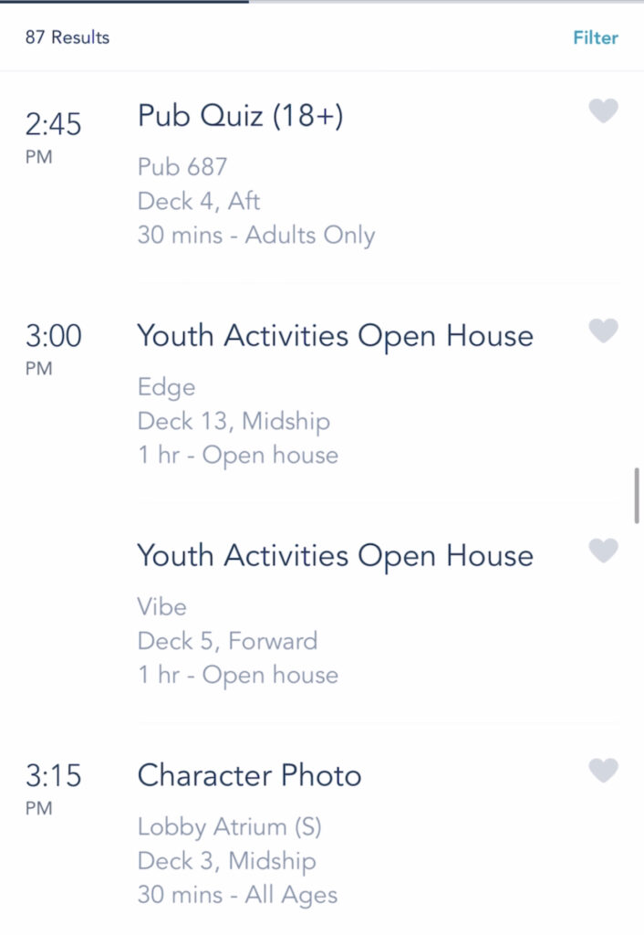 A screenshot of Disney Cruise activities on the Disney Dream.