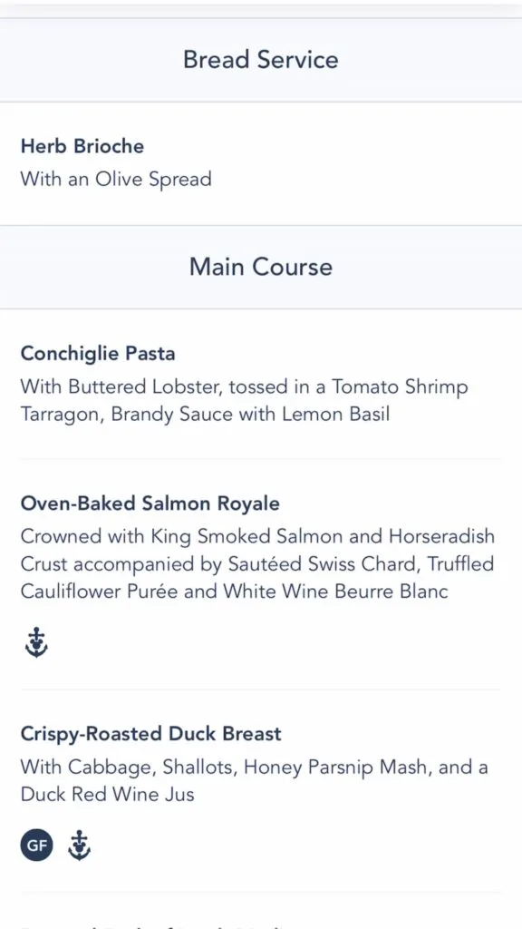 Screenshot of Royal Palace Menu from the Disney Dream.