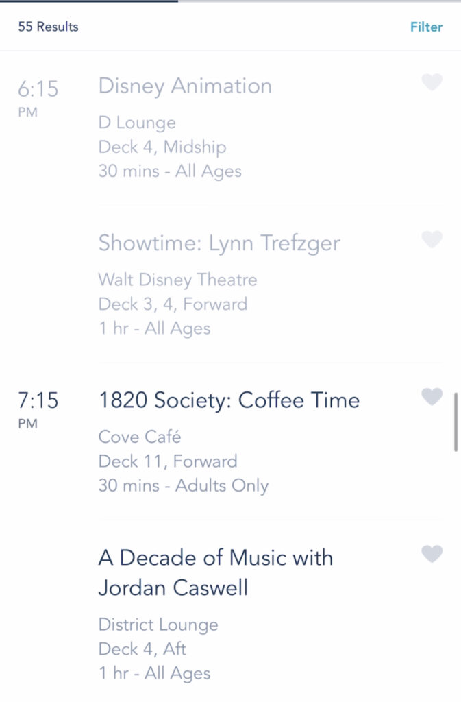 A screenshot of Disney Cruise activities on the Disney Dream.