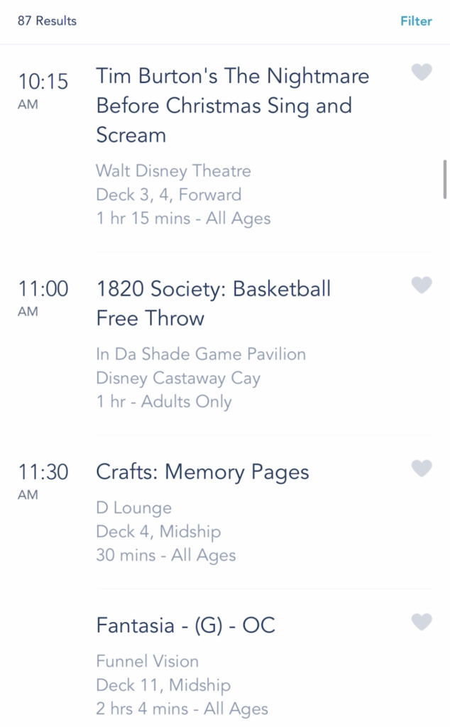 A screenshot of Disney Cruise activities on the Disney Dream.