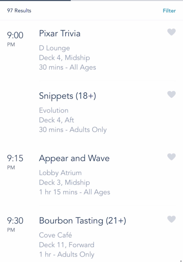 A screenshot of Disney Cruise activities on the Disney Dream.