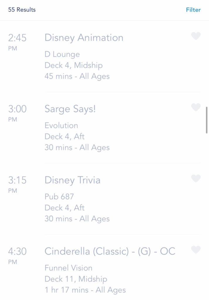 A screenshot of Disney Cruise activities on the Disney Dream.