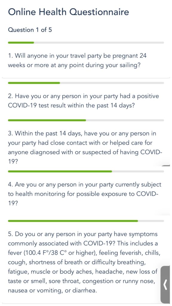 Questions from Disney Cruise Line's Online Health Questionnaire.