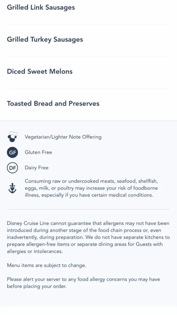 Picture of Disney Cruise Breakfast Menu from the Disney Cruise Line Navigator App.