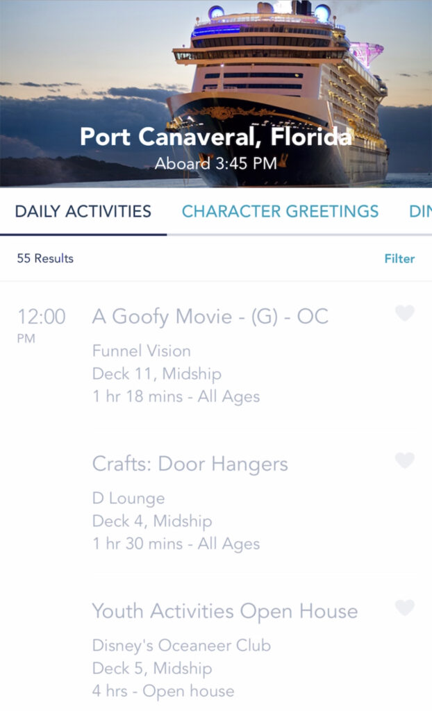 A screenshot of Disney Cruise activities on the Disney Dream.