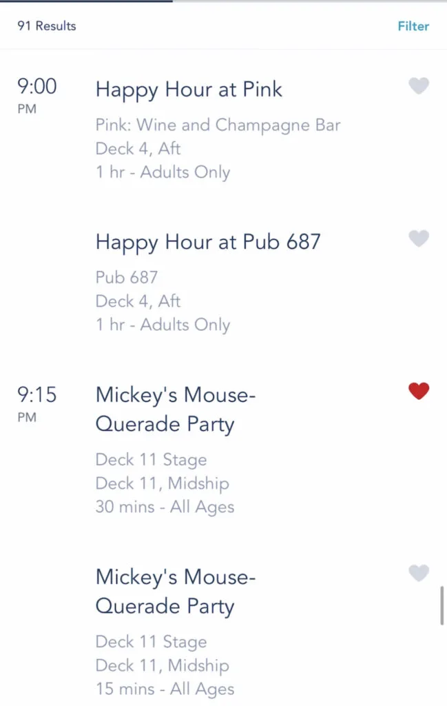 A screenshot of Disney Cruise activities on the Disney Dream.