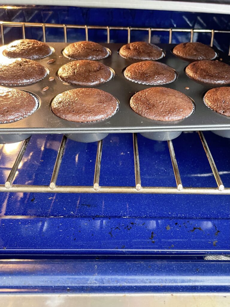 Chocolate cupcakes baking in the oven.