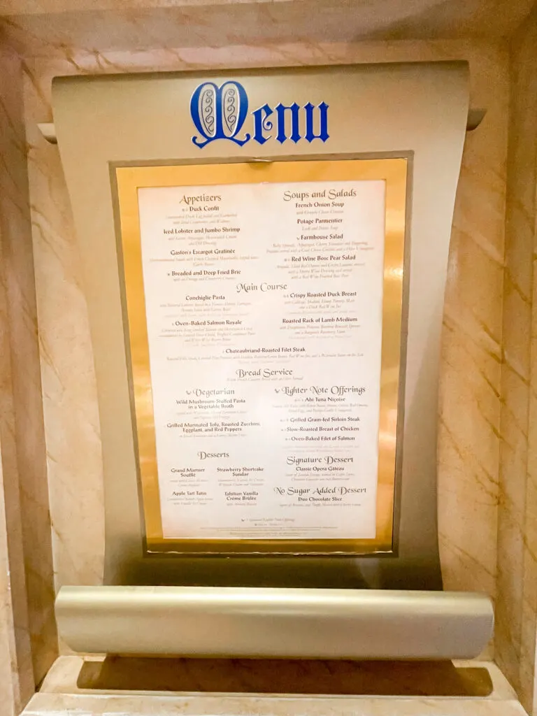 Menu from Royal Palace on the Disney Dream cruise ship.