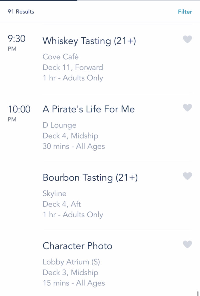 A screenshot of Disney Cruise activities on the Disney Dream.