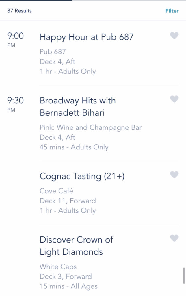 A screenshot of Disney Cruise activities on the Disney Dream.