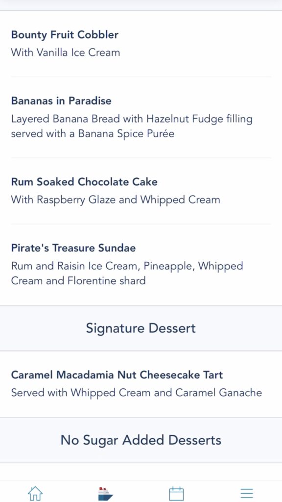 Screenshot of Disney Cruise Pirate Night Dinner Menu.