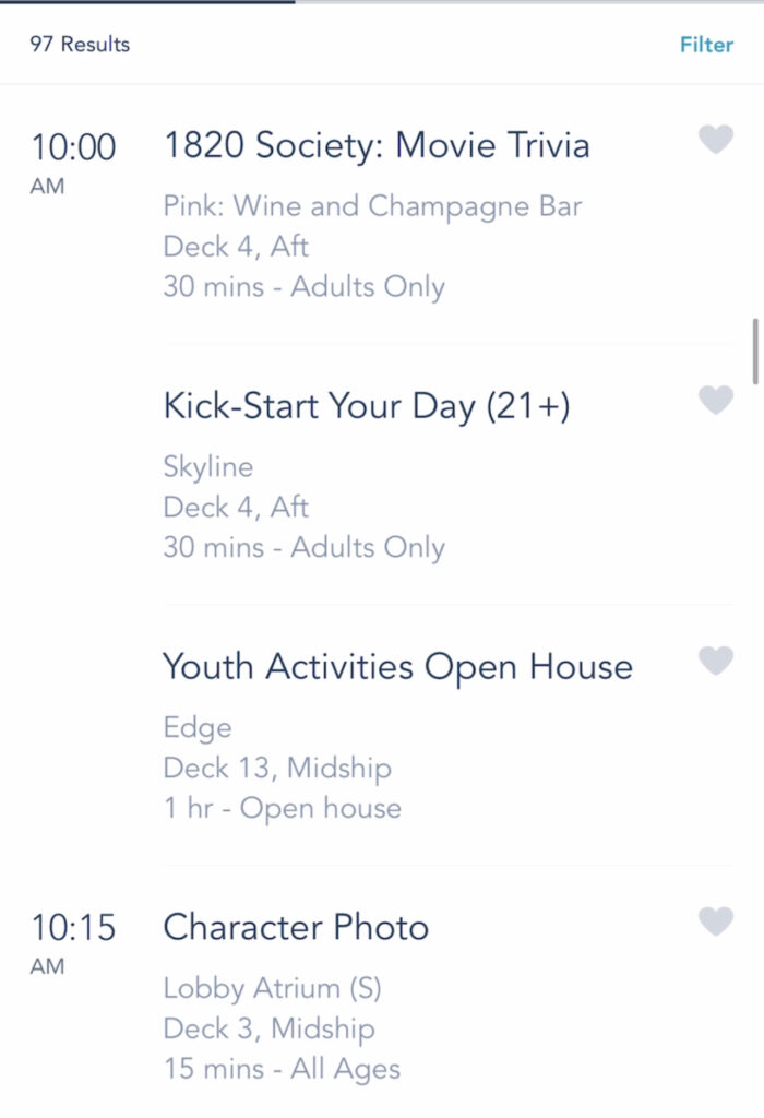 A screenshot of Disney Cruise activities on the Disney Dream.