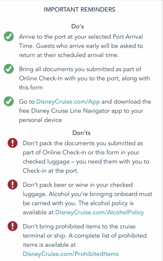 Screen shot from Disney Cruise Line with Do's and Don'ts for a Disney Cruise.